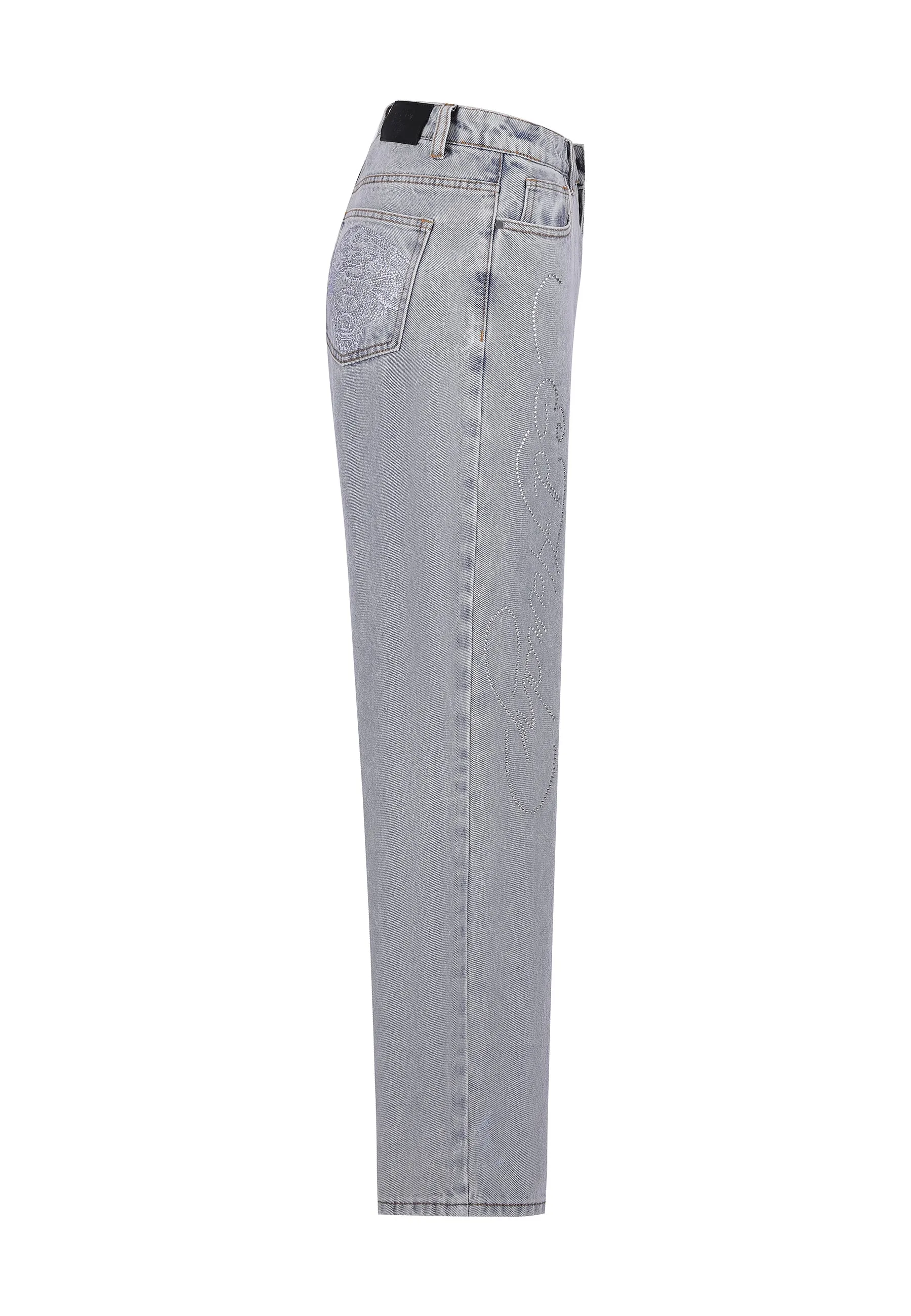 Bleached Denim Trousers for Women with Crystal Roar Diamante Accents in a Relaxed Fit Style