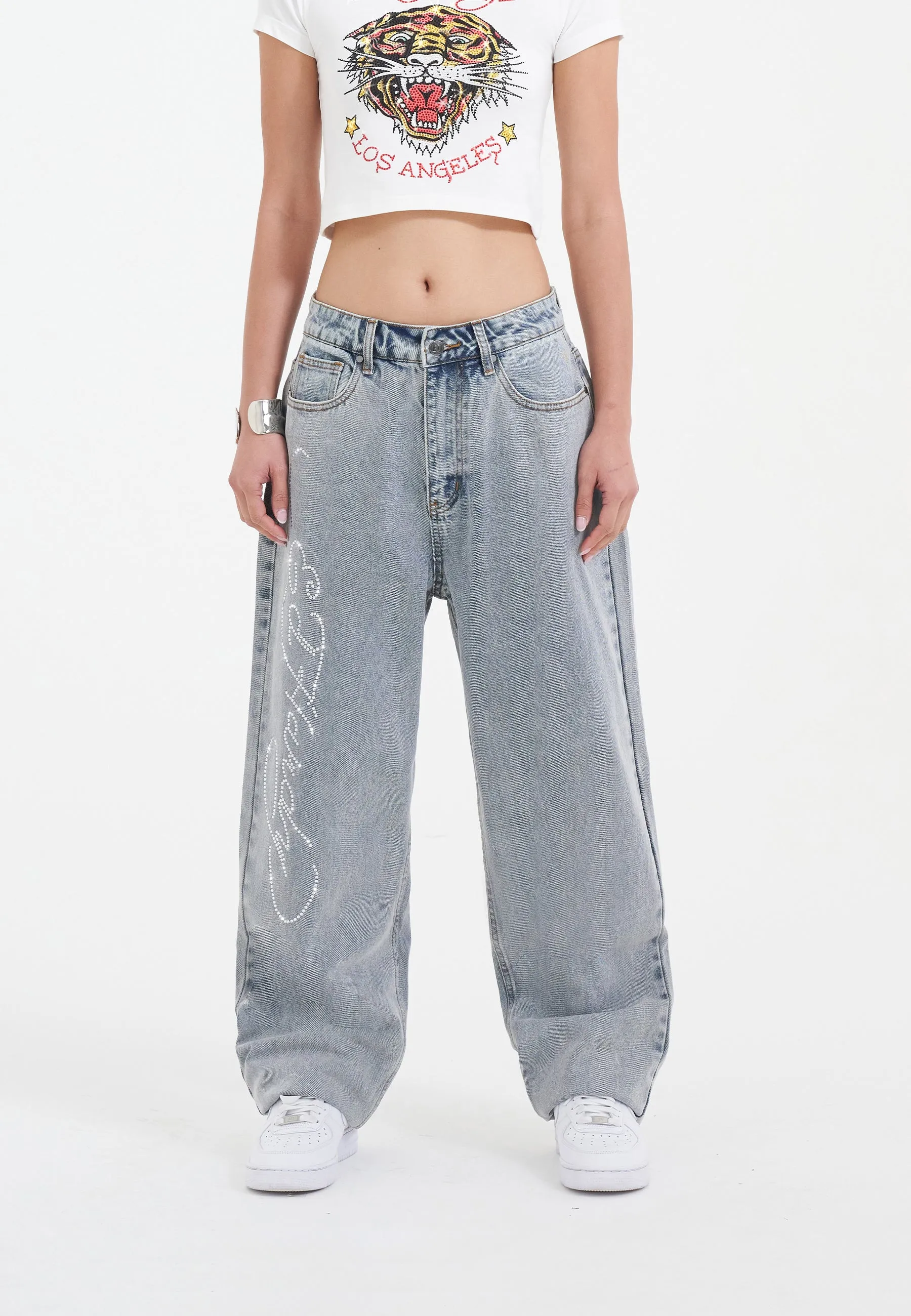 Bleached Denim Trousers for Women with Crystal Roar Diamante Accents in a Relaxed Fit Style