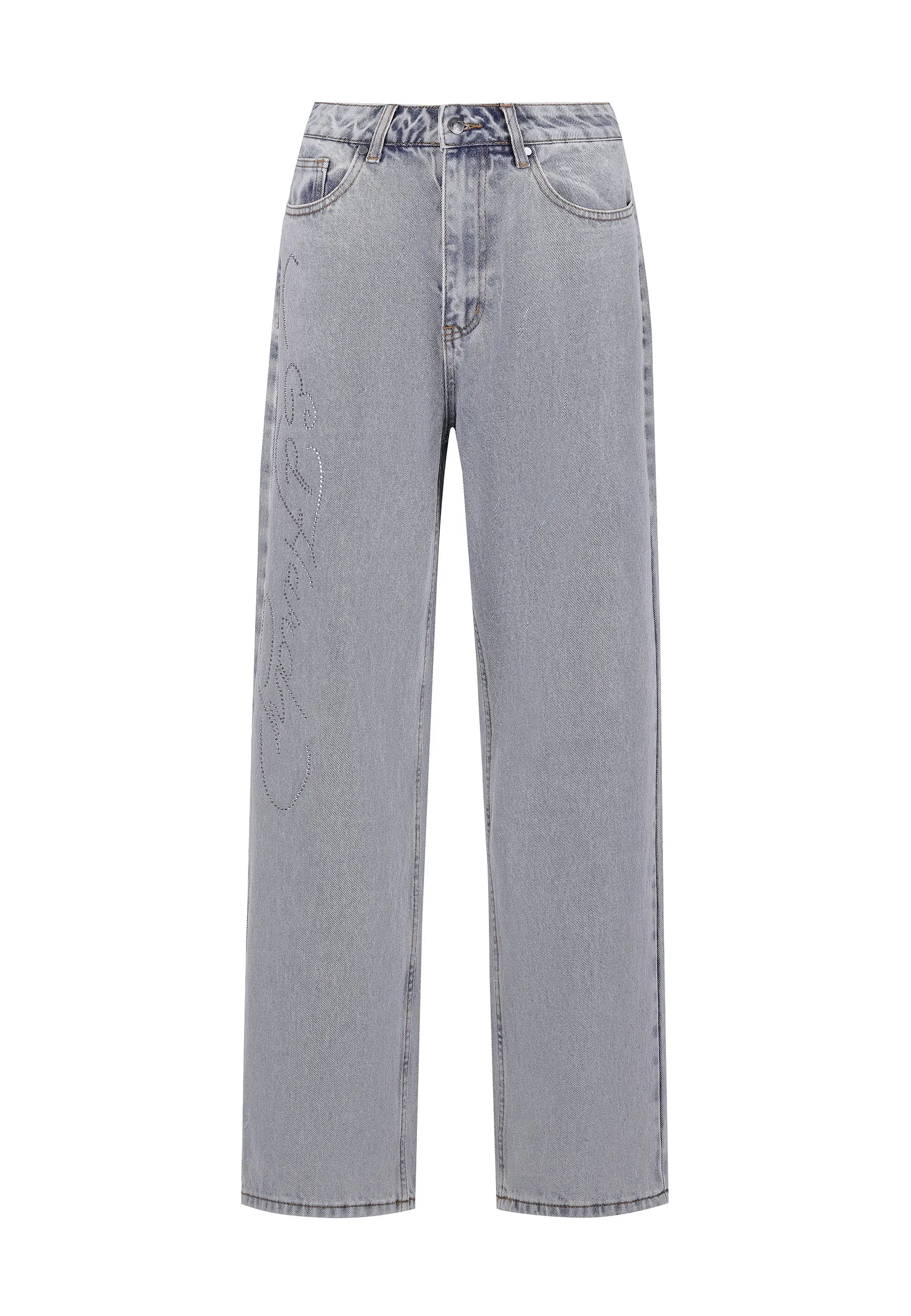 Bleached Denim Trousers for Women with Crystal Roar Diamante Accents in a Relaxed Fit Style