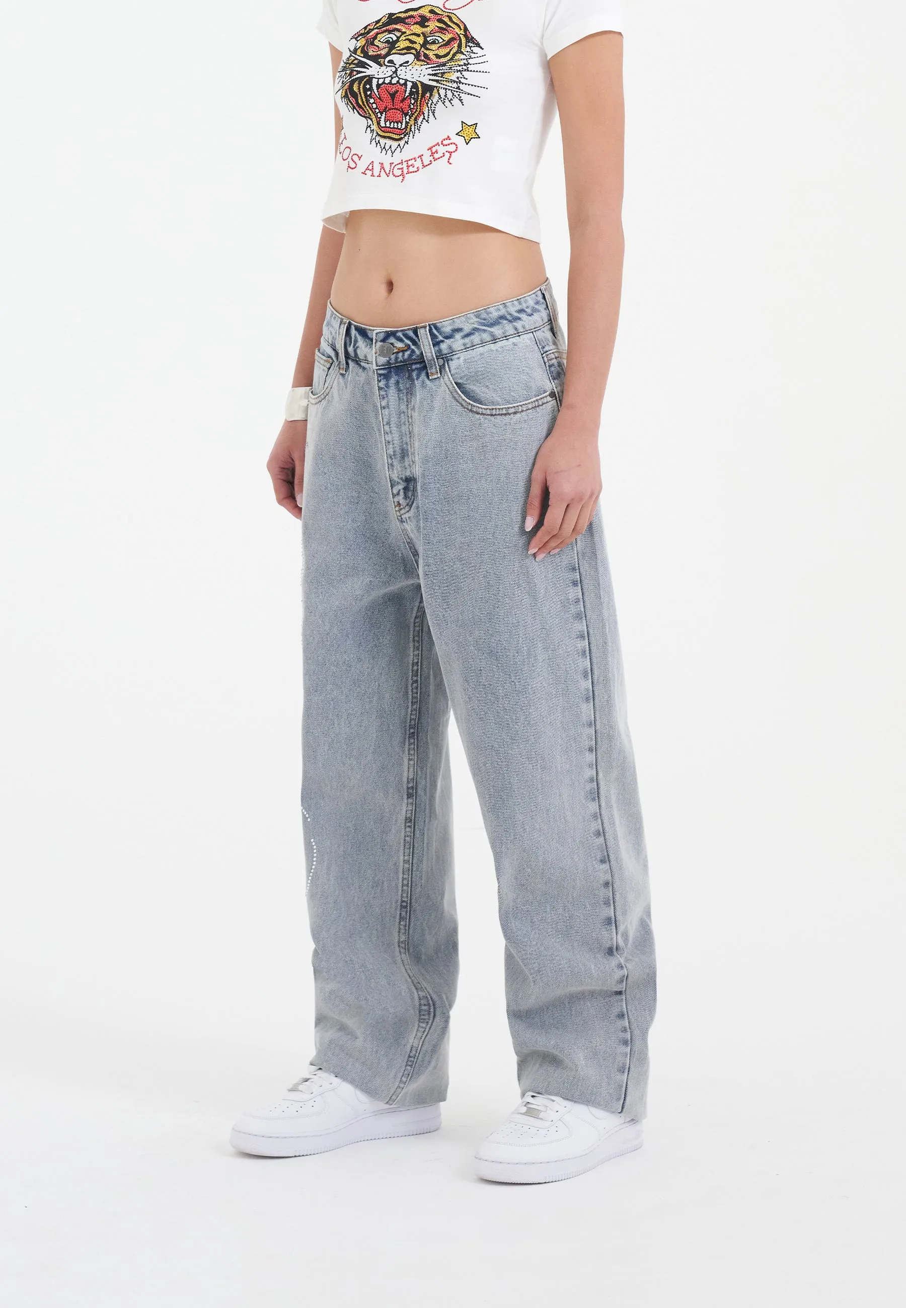 Bleached Denim Trousers for Women with Crystal Roar Diamante Accents in a Relaxed Fit Style