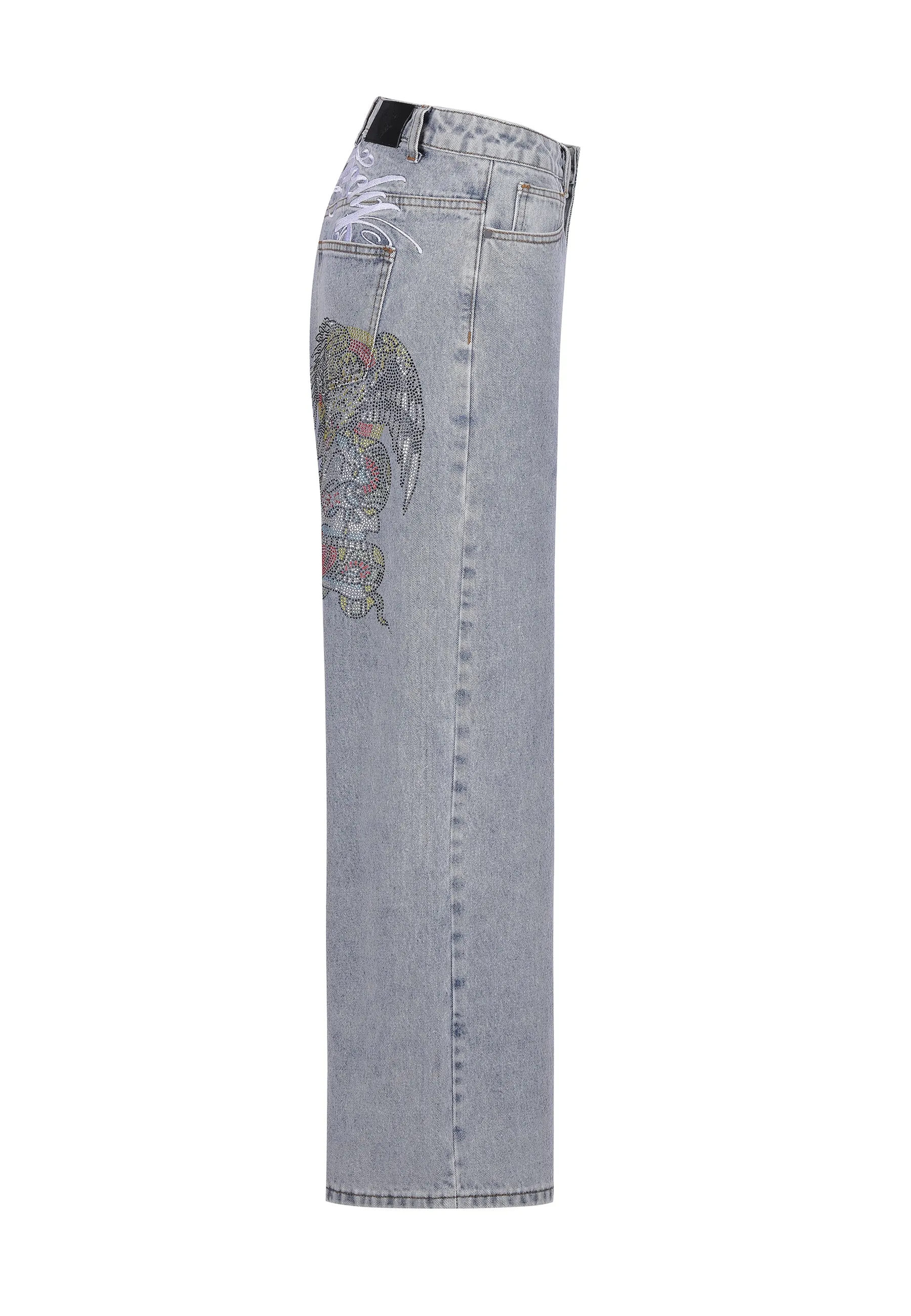 Womens Eagle Skull Diamante Xtra Denim Trousers Jeans - Bleach