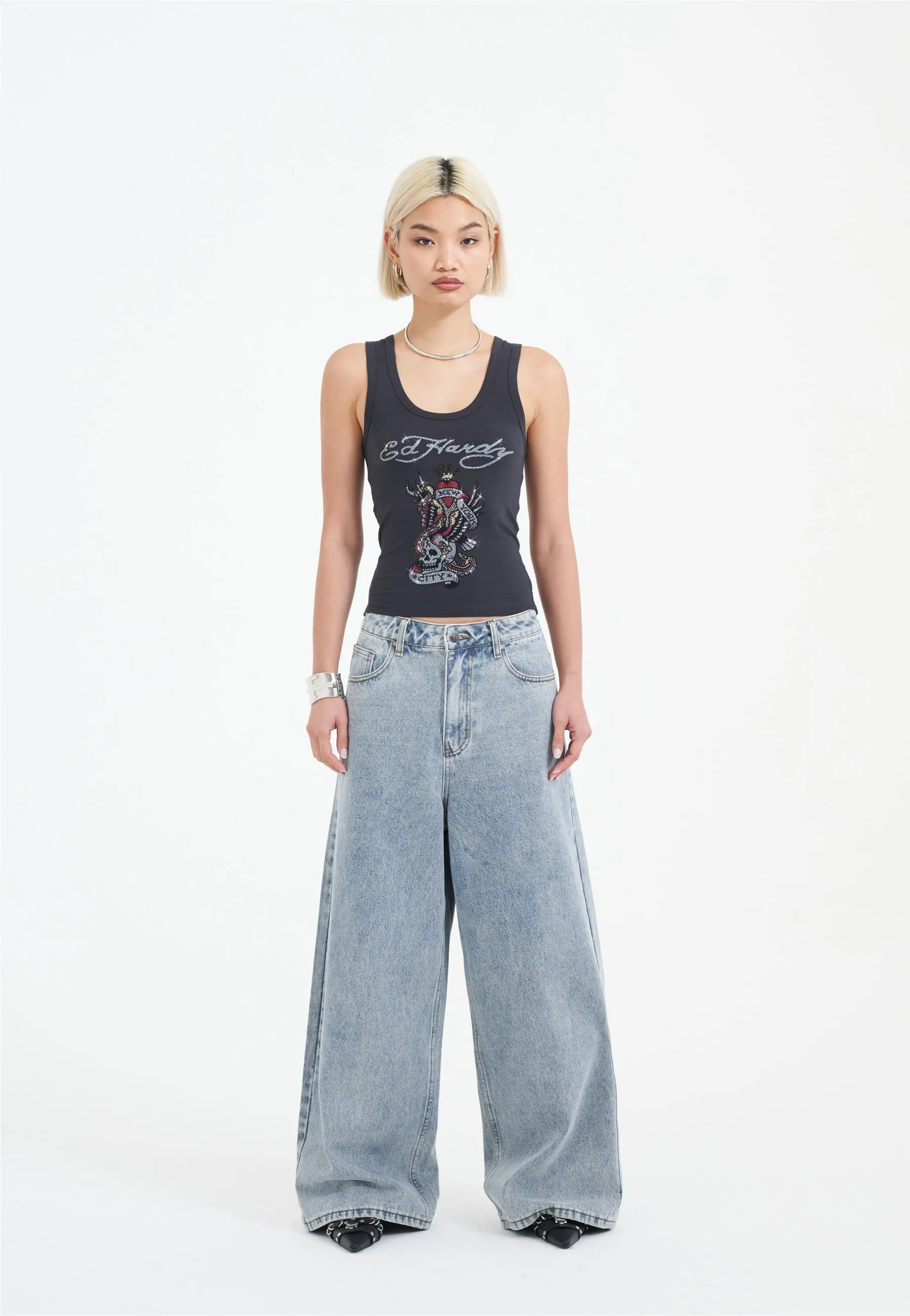 Womens Eagle Skull Diamante Xtra Denim Trousers Jeans - Bleach