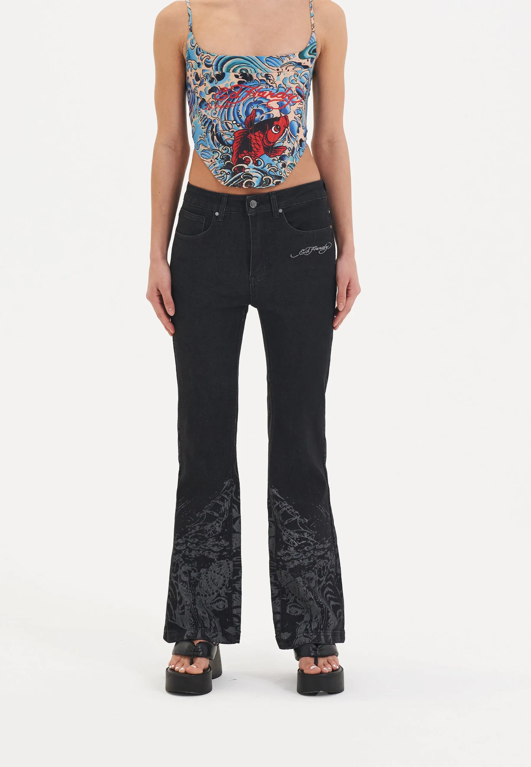 Womens Flash Sheet Flared Denim Trousers Jeans - Black