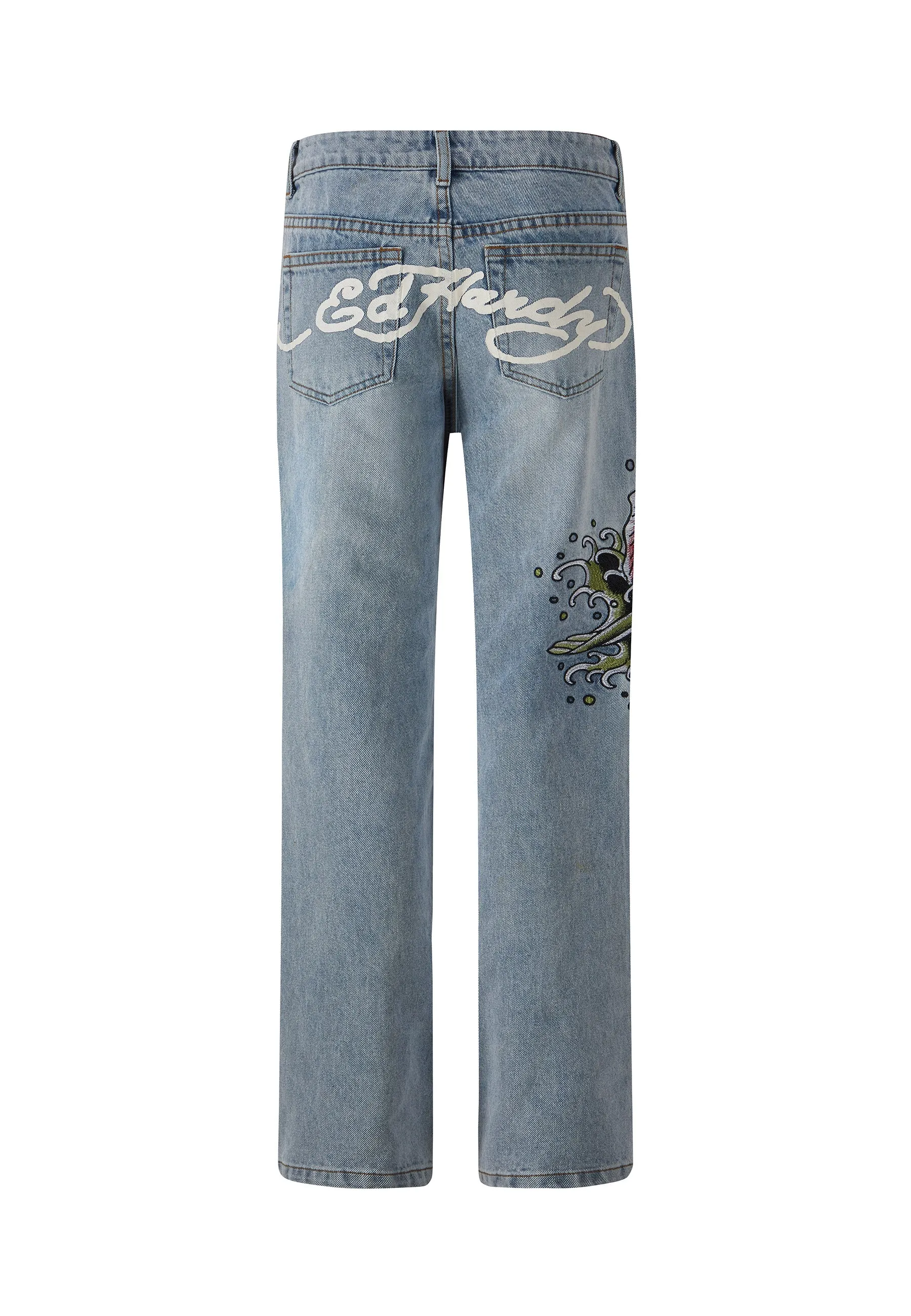 Optimized Title: Womens Koi Wave Stylish Straight Leg Denim Jeans - Classic Blue Wash