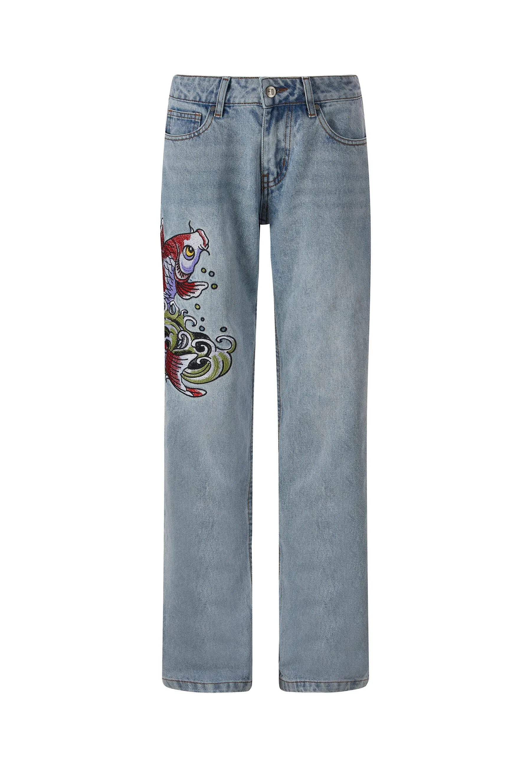 Optimized Title: Womens Koi Wave Stylish Straight Leg Denim Jeans - Classic Blue Wash